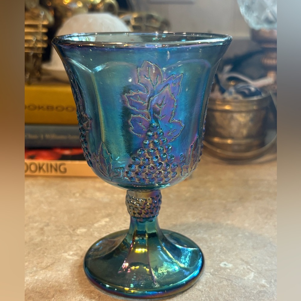 Vintage Indiana Glass Blue Carnival Glass goblet featuring the Harvest Grape